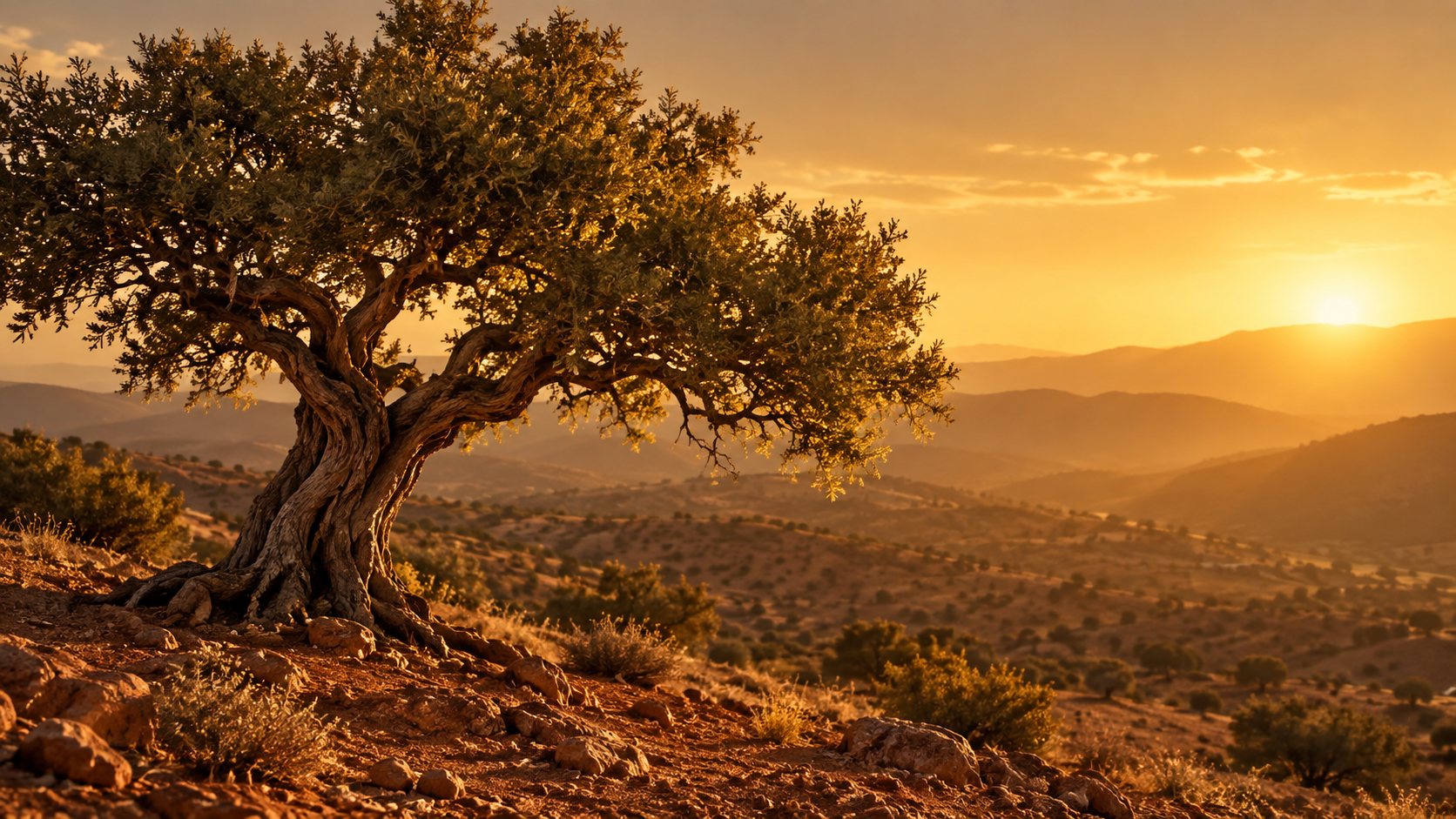 An old argan tree at sunset in southern Morocco