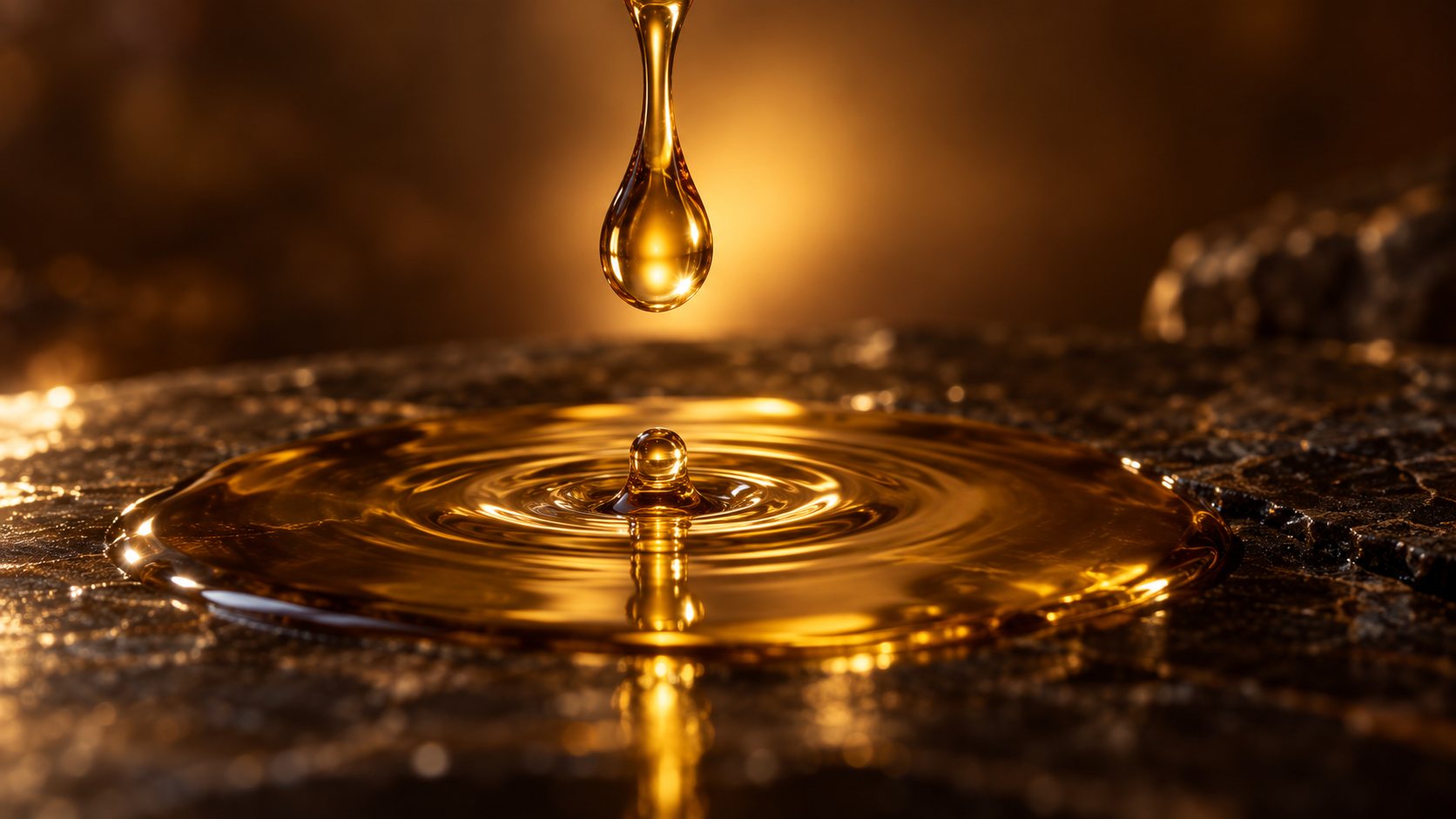 A golden drop of argan oil falling onto stone